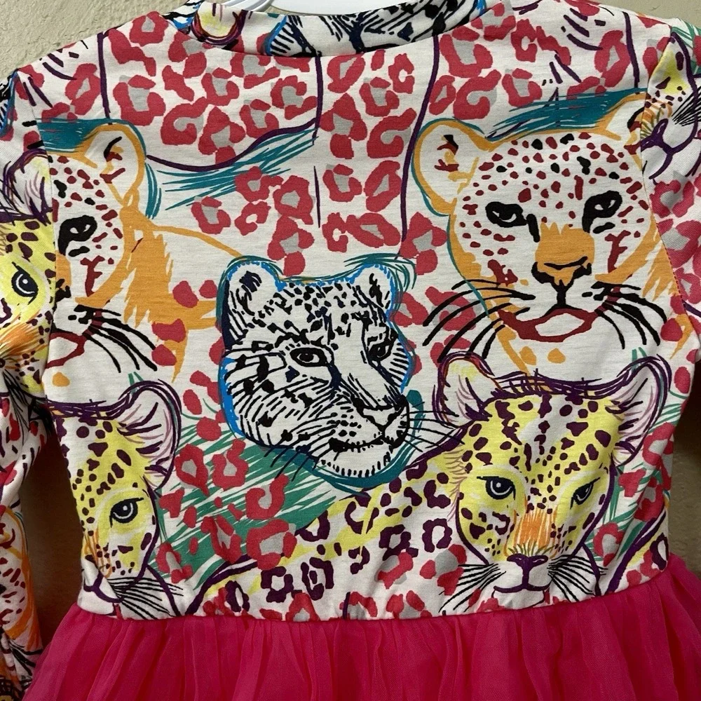 Girl's Leopard Tutu Dress Cat Face Graphic‎ Hot Pink Multi Long Sleeve Size 7